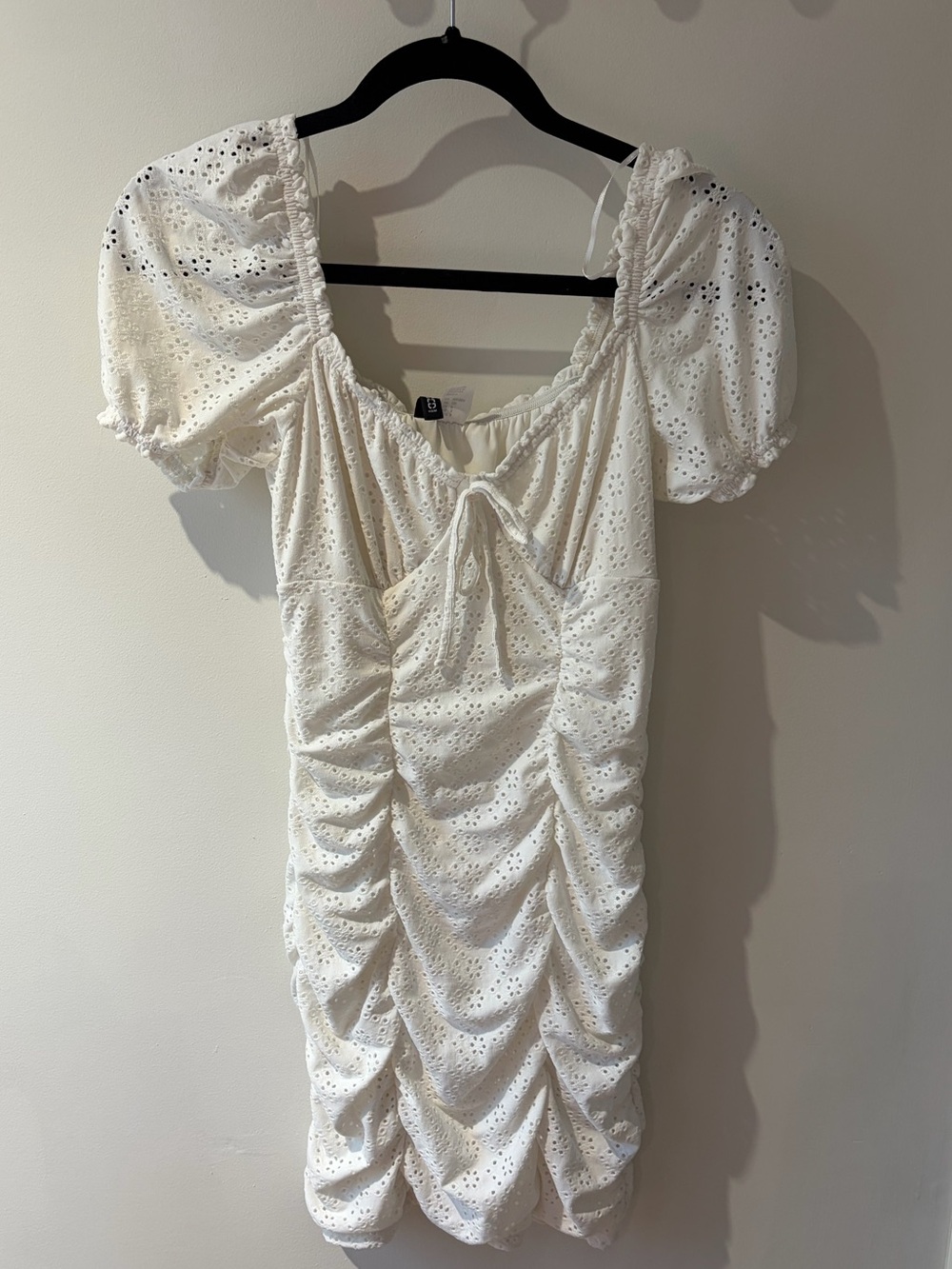 White Eyelet Ruched Puff-Sleeve Dress